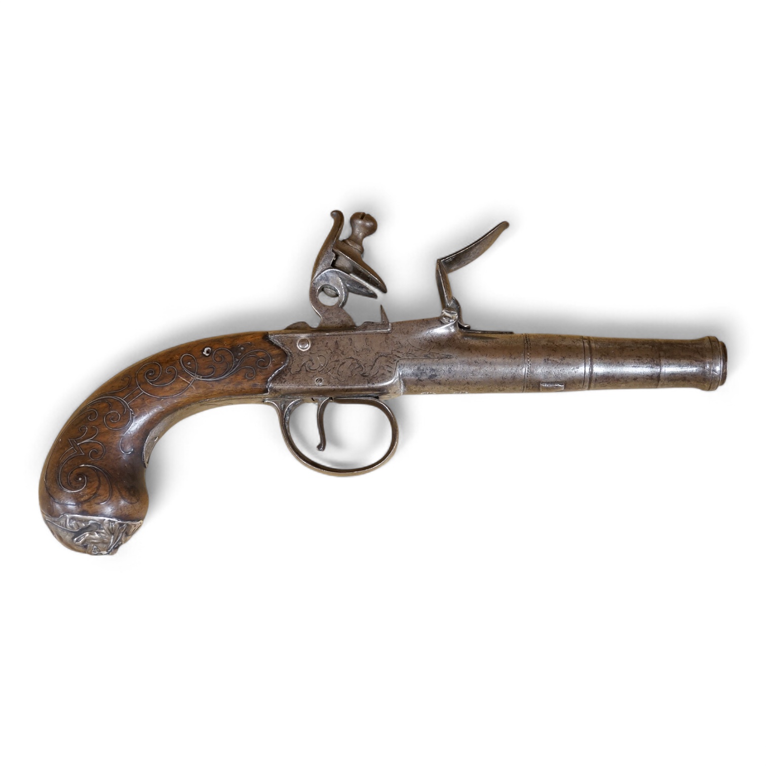 A Queen Anne style box lock flintlock travelling pistol, with turn off cannon barrel, 6cm, frame engraved; T. Lane, sliding trigger guard safety, rounded walnut grip with silver wire inlay and grotesque silver butt cap (